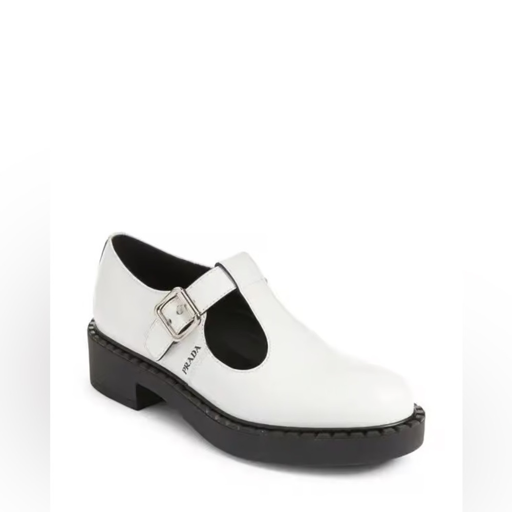 Prada white brushed leather t strap Mary Jane loafers